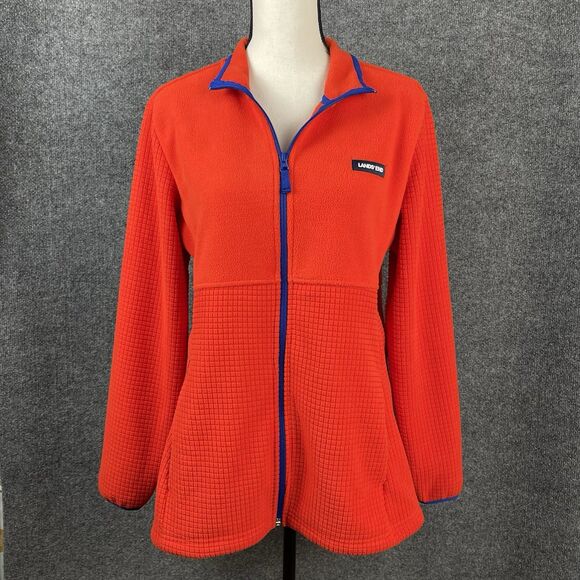 Lands' End Women's Grid Fleece Jacket Size Large Daylily Orange Full Zip Pockets - Picture 1 of 13
